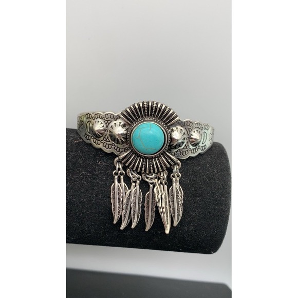 The Unbranded Brand Jewelry - Silver Tone Etched Faux Turquoise Cuff Bangle Bracelet With Feather Dangles Boho